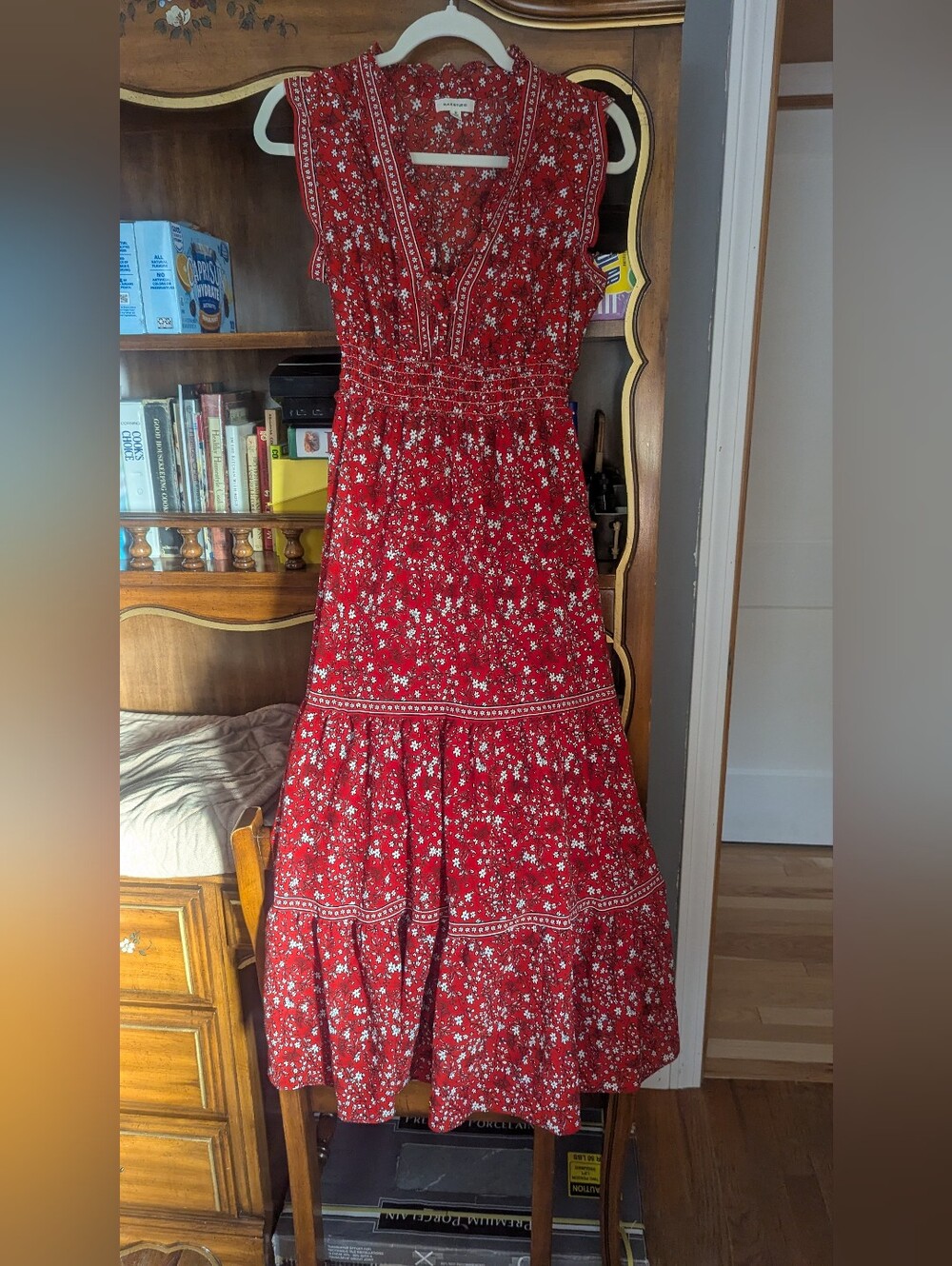 Max Studio Red Floral Maxi Dress with Smocked Waist